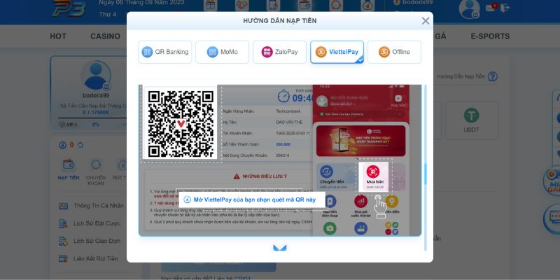 Nạp tiền P3 bằng ví điện tử Viettel Pay hết sức đơn thuần, dễ dàng thực hiện
